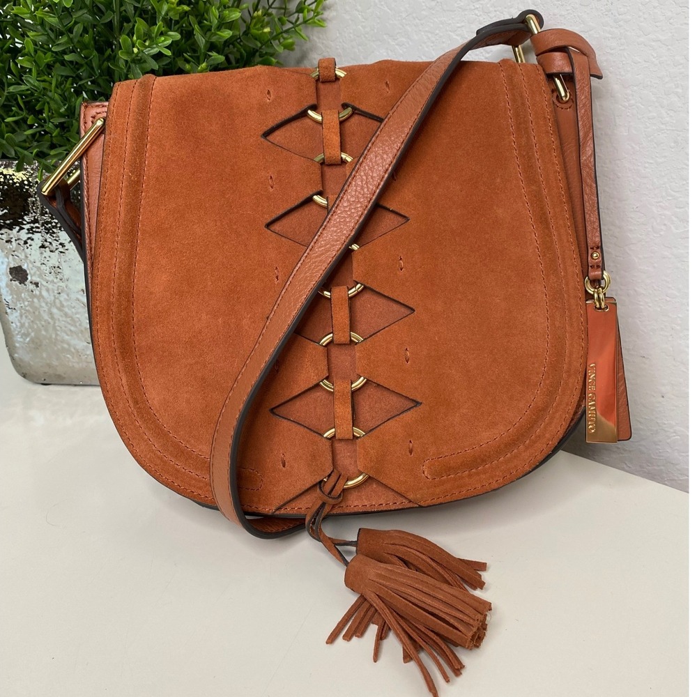 Vince Camuto Ancel Flap Crossbody Saddle Bag Thai Tea Suede Leather Lace Up